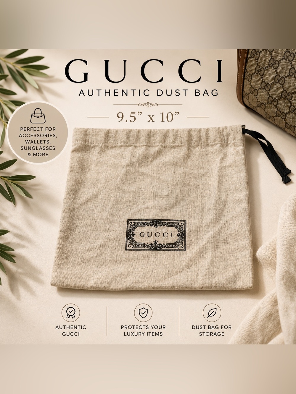 Gucci Beige Drawstring Dust Bag with Black Logo